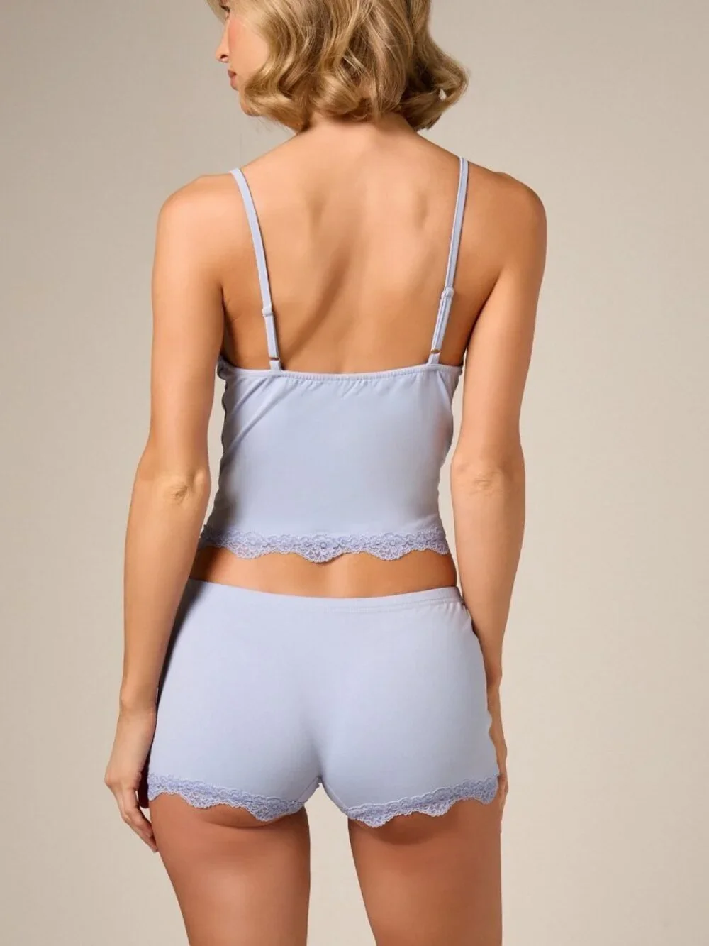 Blue Elegant Soft Women's Lace Trim V‑Neck Camisole and Shorts Pajama Set